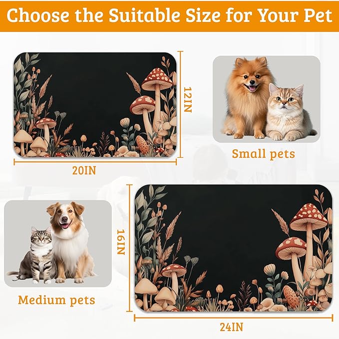 Vintage Mushroom Dog Food Mat,Leaf Absorbent Pet Feeding Mat for Food and Water Bowl,Quick Dry Dog Placemat Non Slip Rubber Backing Waterproof Pet Supplies 16" x 24"