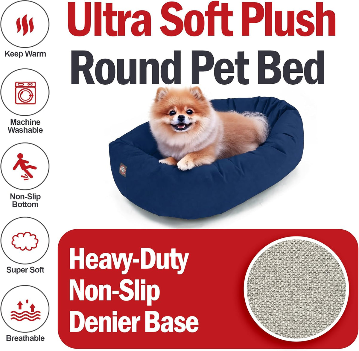 Majestic Pet 24 Inch Suede Calming Dog Bed Washable 24x19x7 (Inch) – Cozy Soft Round Donut Dog Bed with Spine Support for Dogs to Rest Their Head - Pet Bed Small – Navy (2025)