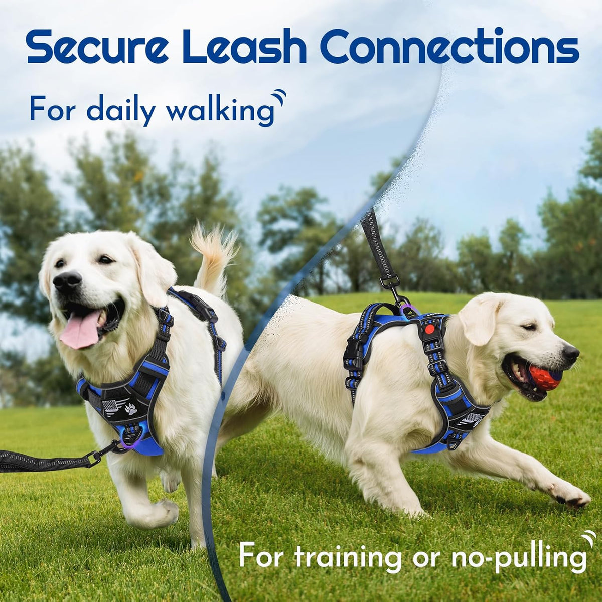 Eagloo Dog Harness for Large Dogs, Easy Wearing with 3 Buckles, Adjustable No Pull Pet Harness with 2 Rings for Walking, No Chock Reflective Soft Padded Vest with Control Handle, Blue & Black, L