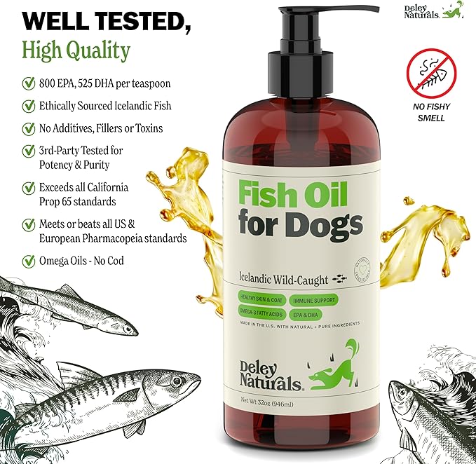 Deley Naturals Dog Fish Oil Icelandic 2X Omega - Dog Itching Skin Relief with Omega 3 6 9 for Allergies, Coat & Heart - Omega 3 Fish Oil for Dogs Skin Irritation - 32oz Omega Oil for Dogs Made in USA