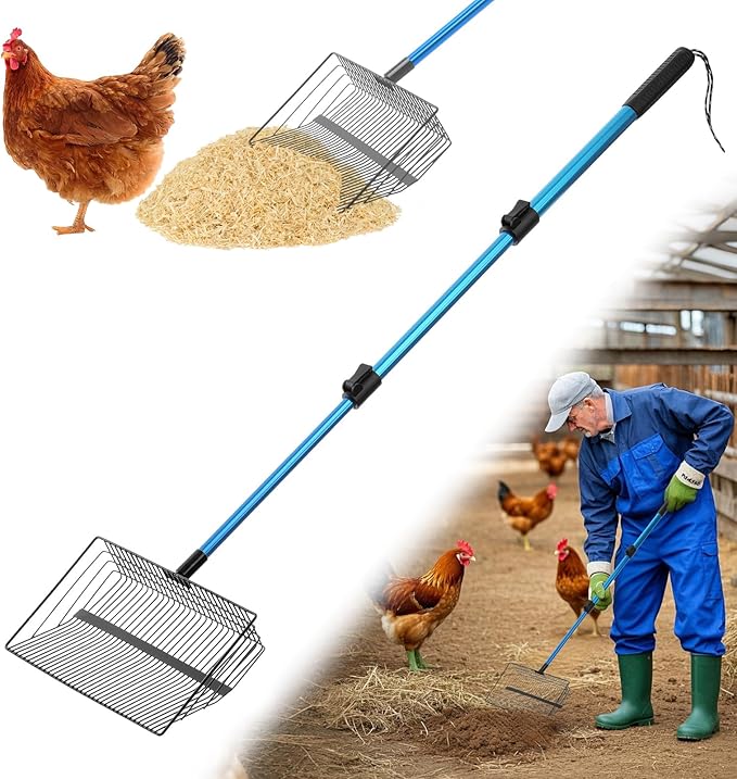 Large Chicken Poop Scooper & Rake: 22"-41" Extendable Long Handle Metal Chicken Coop Scooper with Detachable Heavy Duty Litter Sifting Shovel for Pet Waste | Chicken Coop Accessories