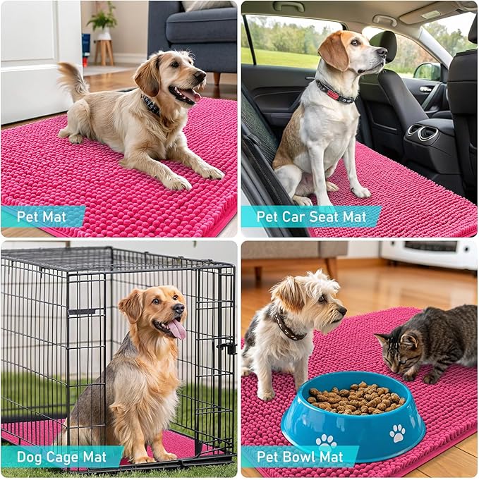 OLANLY Dog Door Mat for Muddy Paws 40x32, Absorbs Moisture and Dirt, Absorbent Non-Slip Washable Doormat, Quick Dry Chenille Mud Mat for Dogs, Entry Indoor Entryway Carpet for Inside Floor, Hot Pink