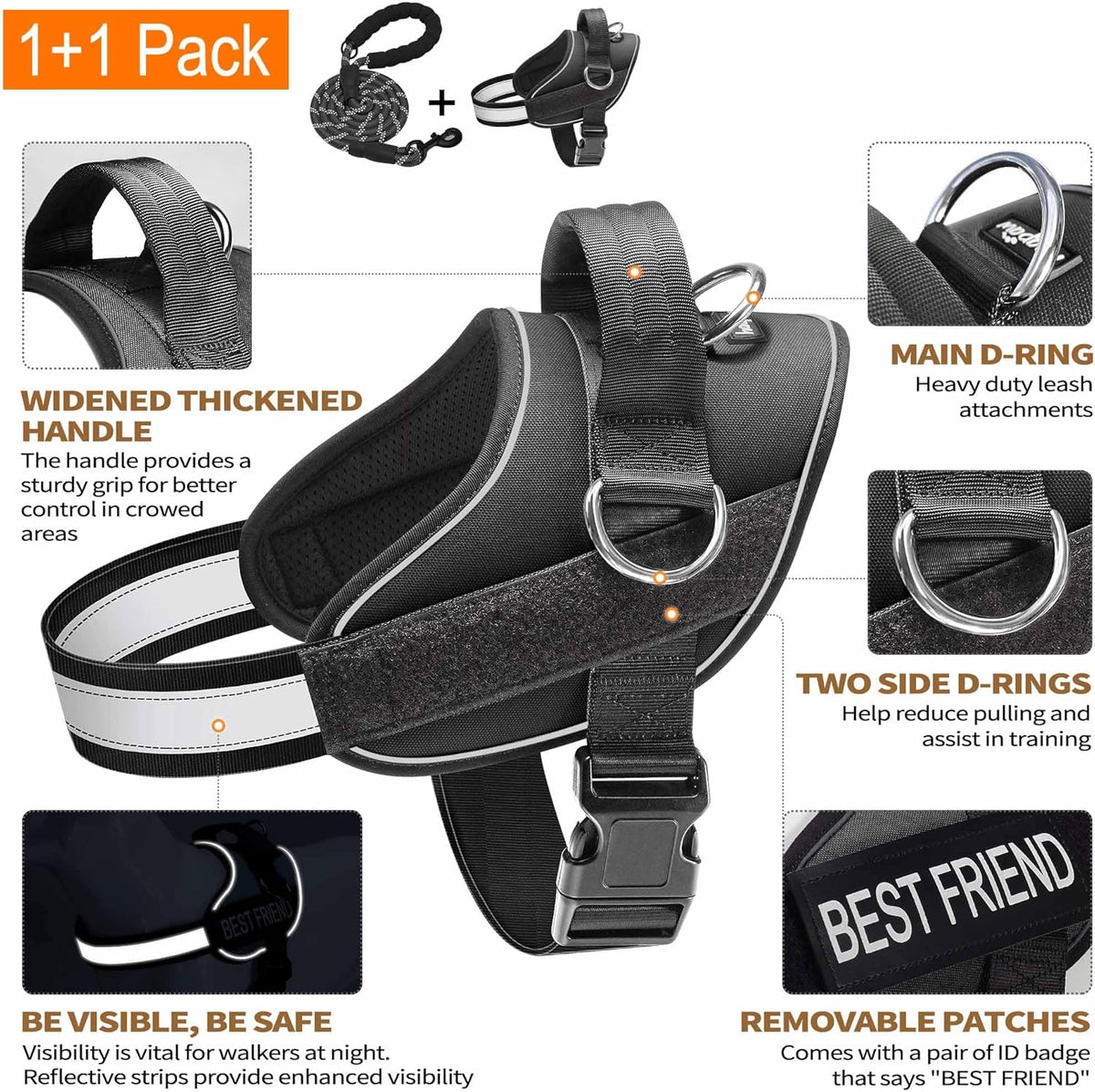 Haapaw Essential Dog Harness, No Pull Pet Vest with 3 Leash Clips, No Choke, Reflective, Adjustable and Padded, for Easy Walking and Training for Large Dogs(XL, Black)
