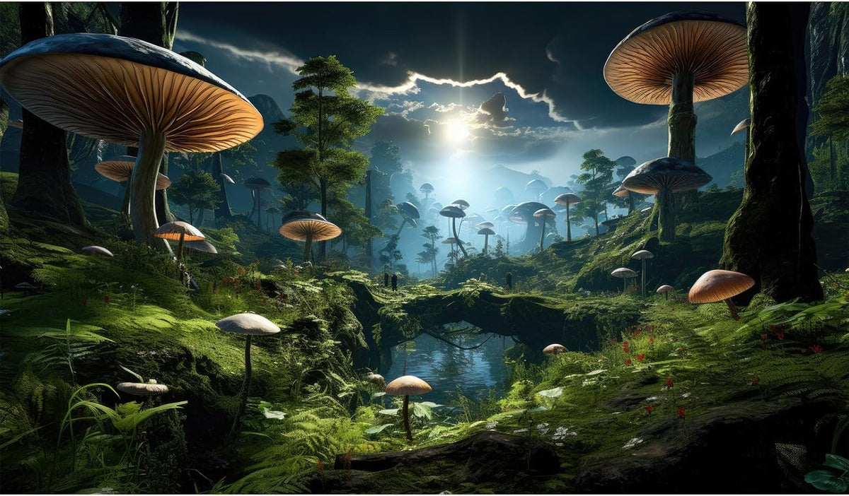 Fantasy Mushrooms Landscape Aquarium Background Tranquil Stream Cloudy Sky Terrarium Background Lush Green Tropical Plants Trees Fish Tank Backdrop Decoration Tank Background Poster 72x18in