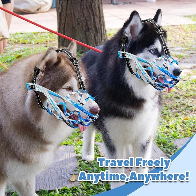 Dog Muzzle for Large Dogs, Medium and X-Large Aggressive Dog, Breathable Basket Muzzles, Suitable for Grooming Trimming Training, Allows Panting Drinking (Camouflage Blue, S)