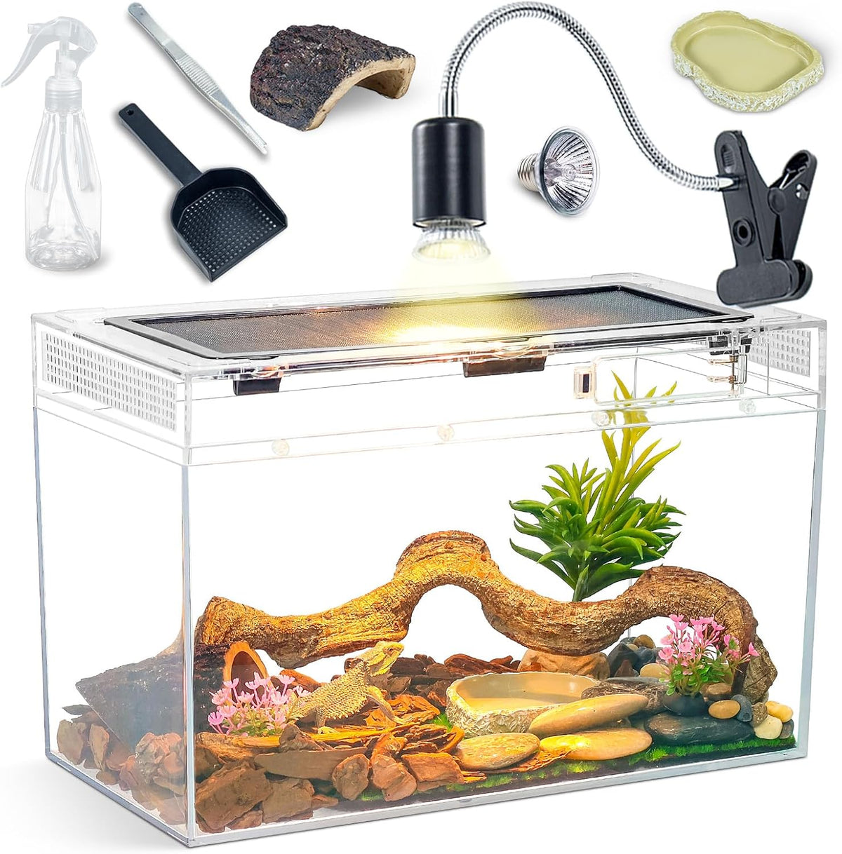 16×10×8'' Reptile Tank Kit with Heat Lamp, Spray Bottle, Shovel, Tweezers, Food Bowl, Hideout -Perfect for Geckos, Bearded Dragons, Snakes, Lizards, Turtles 360° Viewing, PC Glass