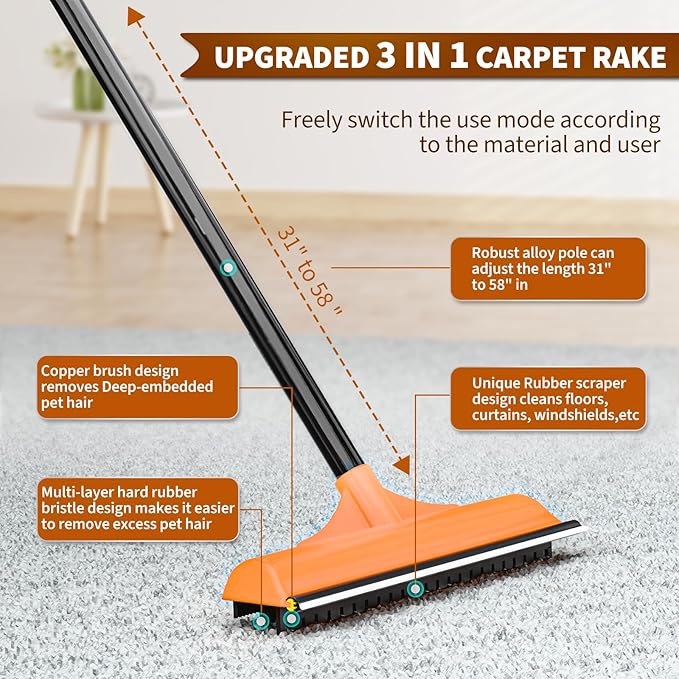 3 in 1 Carpet rake Kit for Pet Hair Removal Tool - Reusable Pet Hair Remover broom w 58"Adjustable Long Handle, Dog & Cat Carpet Scraper, Pet Hair Remover for Rugs, Mats, Couch, Curtains(Orange)