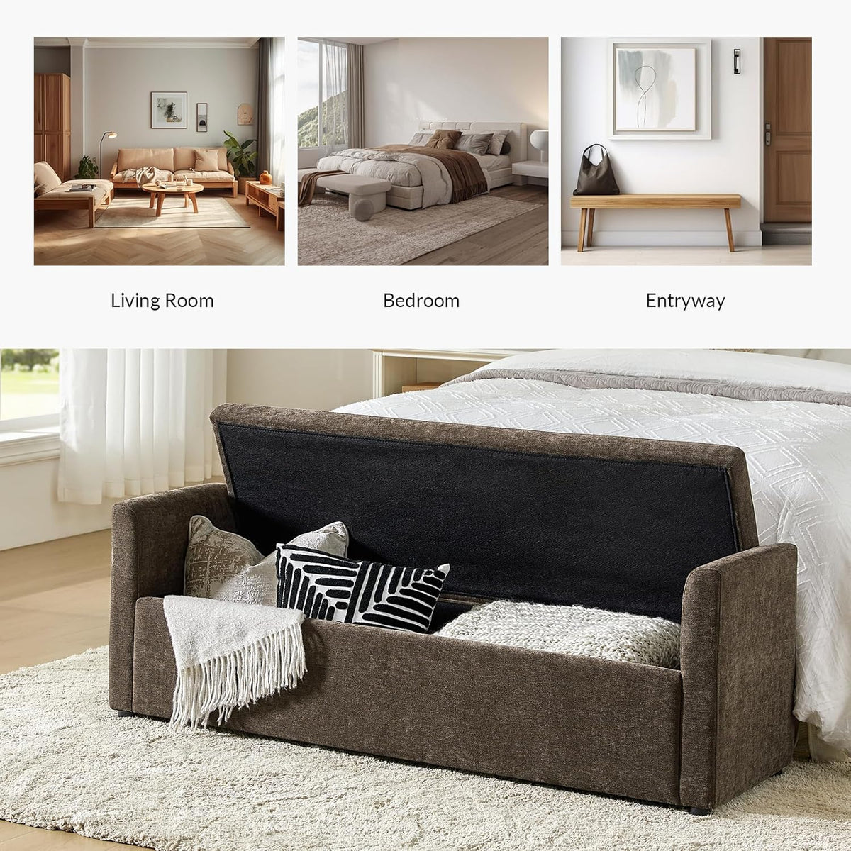 HULALA HOME Modern Storage Bench with Throw Pillows, 59.4" Extra Long Bedroom Ottoman Bench for End of Bed, Comfy Upholstered Footstool for Entryway Living Room Dining Room, Taupe