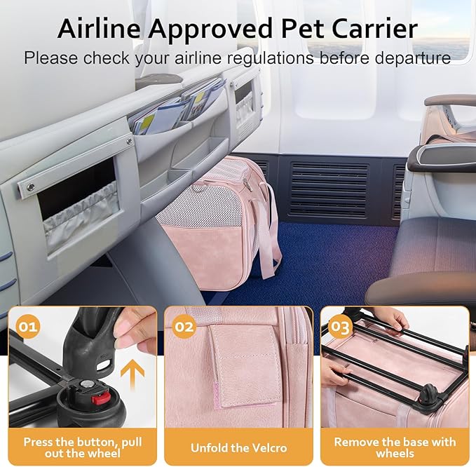 Airline Approved Pet Carrier with Wheels, Rolling Soft Sided Dog Cat Travel Bag, Premium Fashion Leather Small Pet Carrier Purse for Puppies and Cats Pink