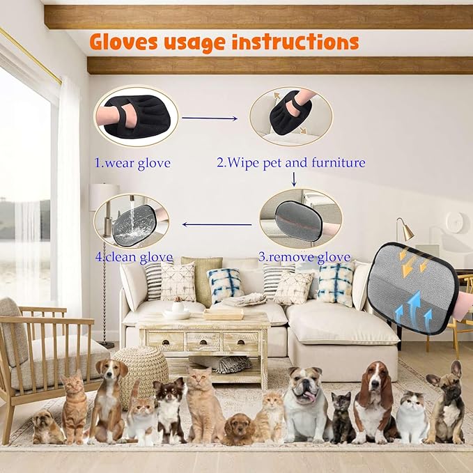2Pcs Five-Finger Pet Hair Removal Glove for Dogs,Reusable Cat Grooming Gloves,Pet Hair Collector Keychain,Electrostatic Pet Hair Removal Tool for Furniture,Car,Couch,Carpet,Essential Pet Supplies