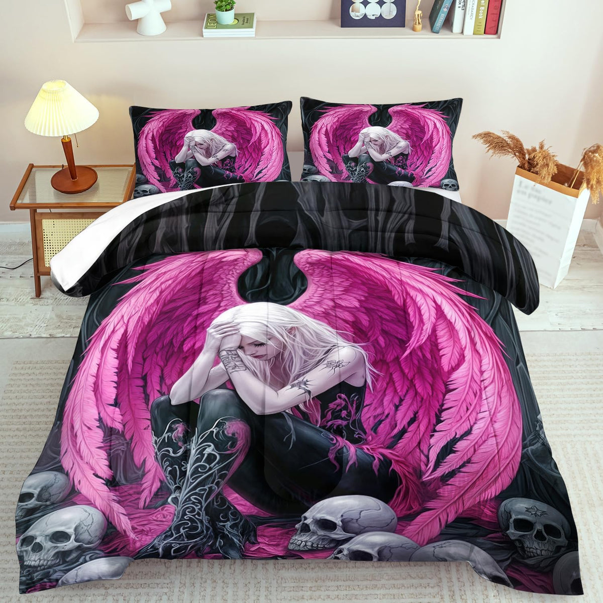 Gothic Skull Comforter Set Queen for Adults,Angel Wings Bedding Set Pink for Girls,Sexy Angel Comforter Bedroom Decor Teen,Gothic Skull Bedding Decor Pink Wings Quilt