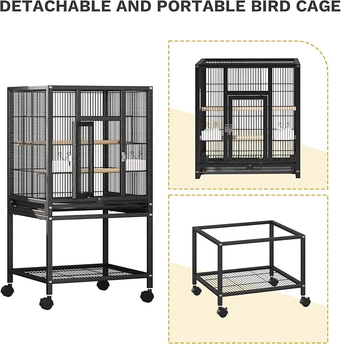DWVO 41-inch Metal Bird Cage: Large Parrot Cages with Rolling Stand - Features Tray, Food Boxes & Wooden Perches for Parakeets, Lovebirds, Cockatiels, Finches and Pigeons, Black