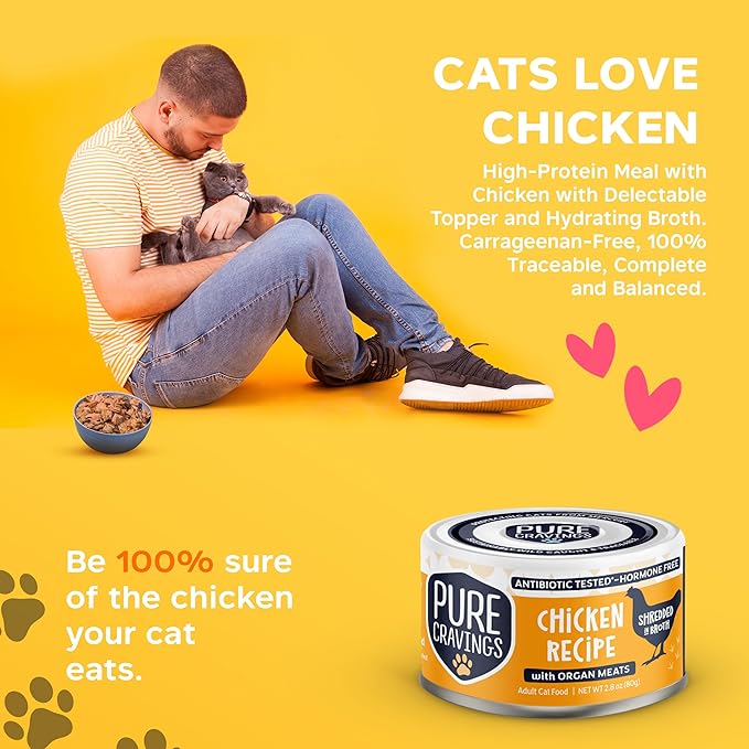 Chicken Recipe in Broth, Shredded Wet Cat Food, Grain-Free Protein, Non-GMO, 12 Pack