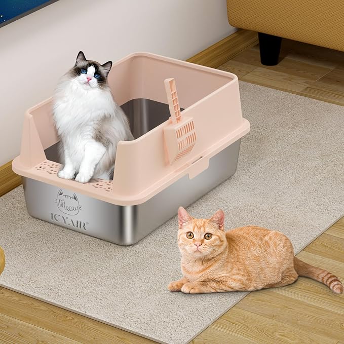 2PACK Stainless Steel Cat Litter Box with High Sides Lid, XL Litter Box for Big Multiple Cats, Extra Large Metal Kitty Litter Boxes with Anti-Leakage Enclosure, Non-Stick,Odorless,Scoop Included
