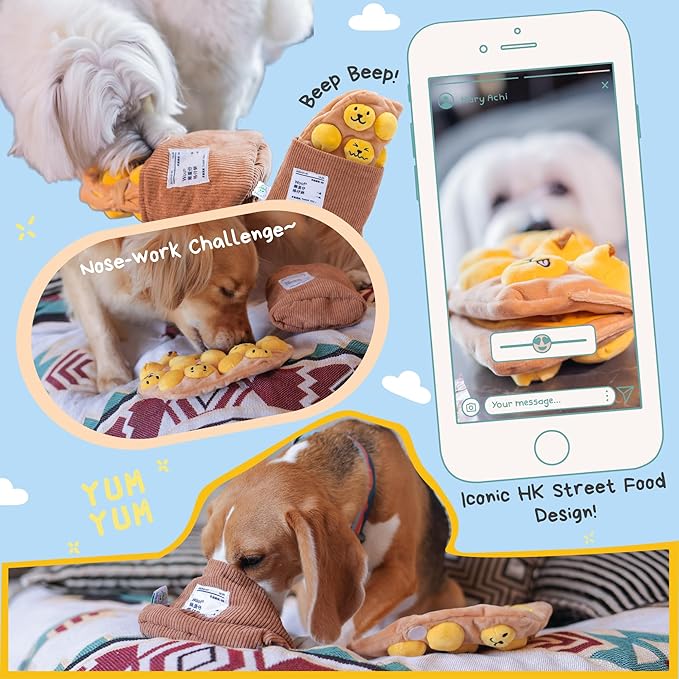 Egg Puff/Waffle 2-in-1 Nose-Work Soft Plush Squeaky Dog Toy - Durable, Cute & Fun HK Gift for Interactive Bonding Time, Hide Chew Sticks & Food for Puzzle Play, Small Medium Dogs