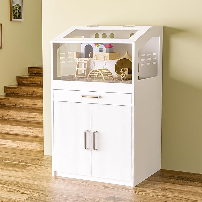 Betterhood Hamster Cage with Storage Cabinet,Hamster Cag for Small Animals, Large Hamster Cage and Habitat with Easy View Acrylic Panels for Hamster, Rabbit, Hedgehog (24"x19"x40")