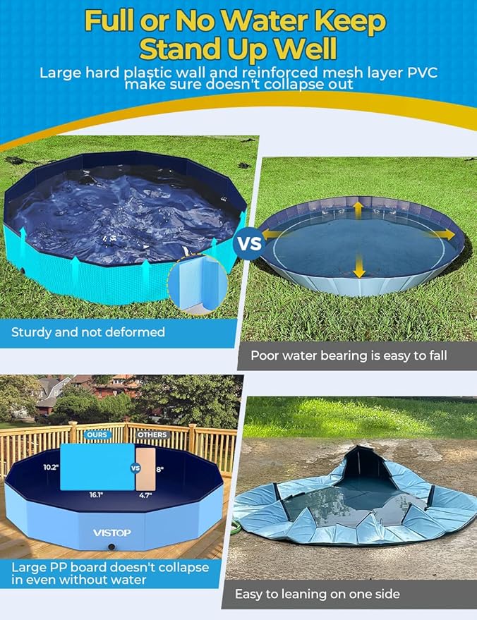 VISTOP Extra Large Foldable Dog Pool XXL, Hard Plastic Shell Portable Swimming Pool for Dogs Cats and Kids Pet Puppy Bathing Tub Collapsible Kiddie Pool (67inch.D x 11.8inch.H, Blue)