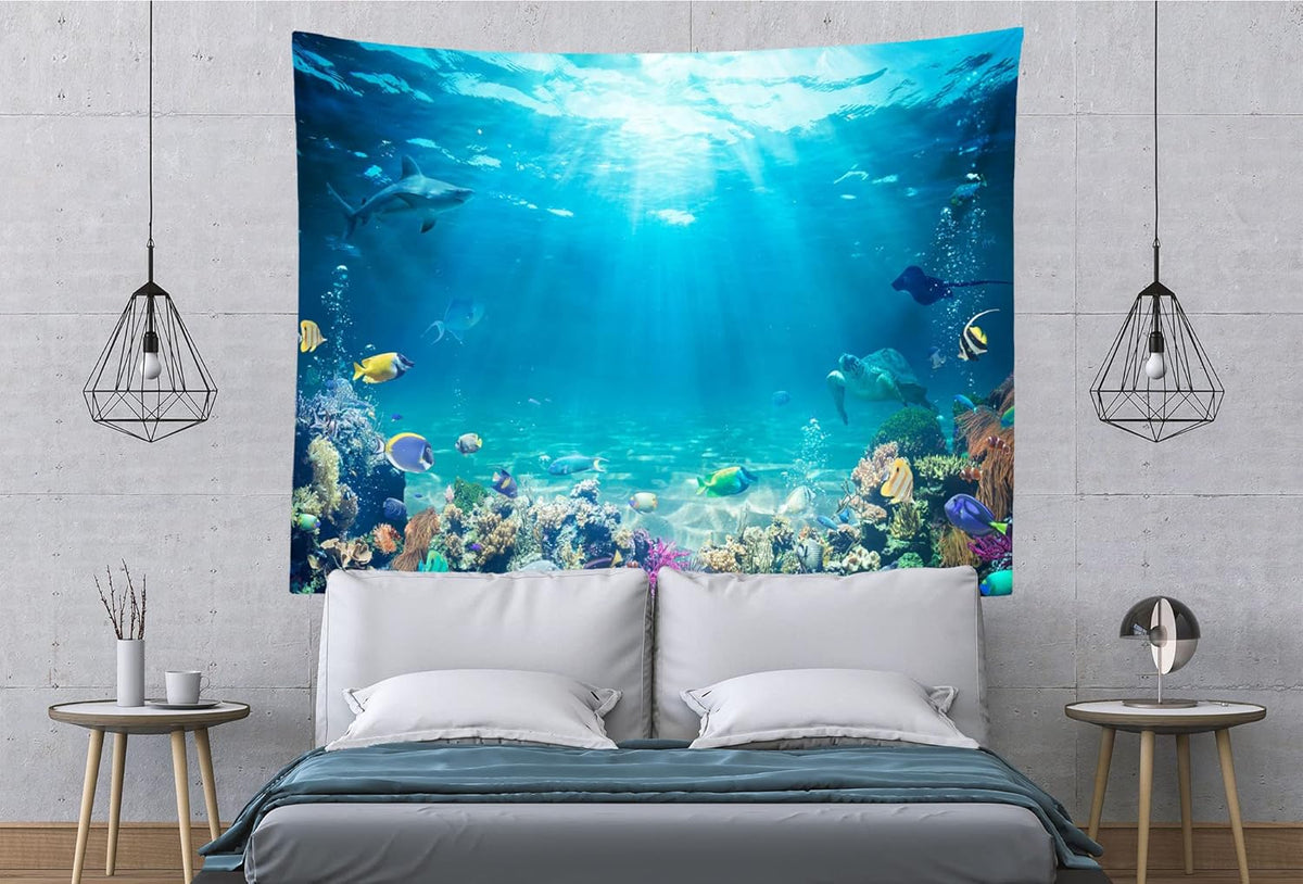Loccor Underwater World Tapestry Blue Ocean Wall Hanging Under the Sea Coral Reef Wall Tapestry 236x118 Inches Tropical Fish Tank Undersea Tapestries Marine Wall Art for Bedroom Living Room Dorm Decor