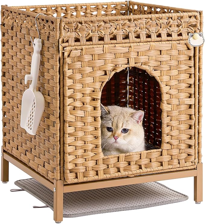 Cat Litter Box Enclosure Hidden Litter Box Furniture with Metal Heightened Feet, Rattan Handwoven Cat House with Litter Mat, Hidden Litter Box Furniture for Bedroom Living Room Natural