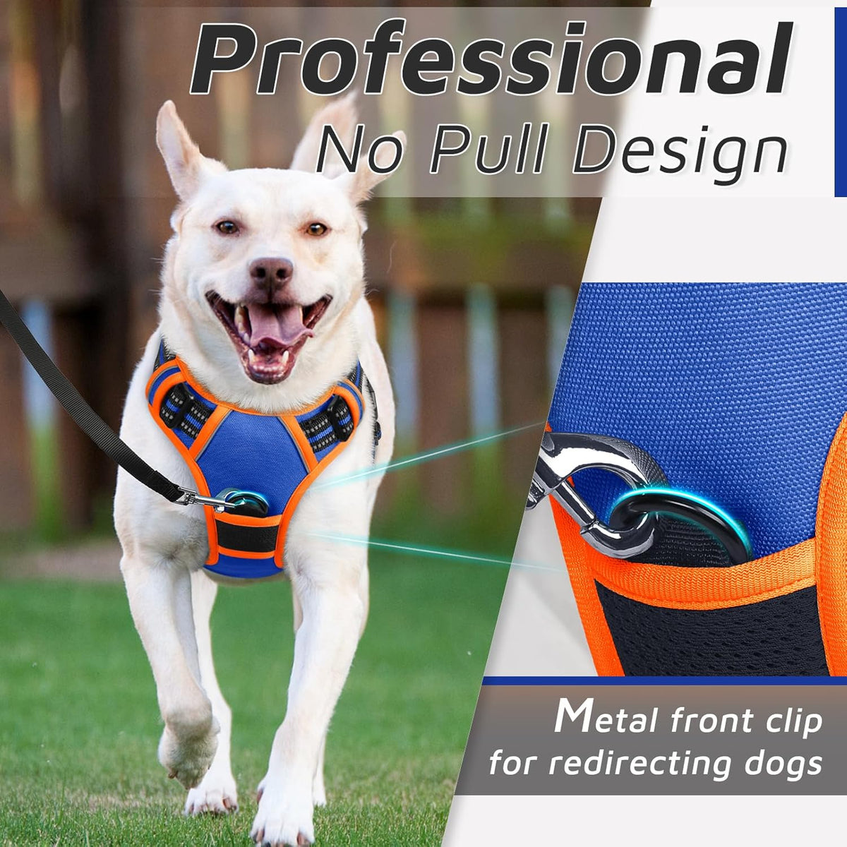 Eagloo Dog Harness for Large Dogs, No Pull Service Vest with Reflective Strips and Control Handle, Adjustable and Comfortable for Walking, No Choke Pet Harness with 2 Metal Rings, Blue & Orange, XL