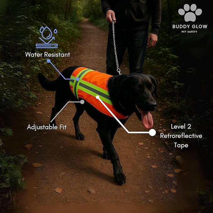 Reflective Dog Vest – Fluorescent Orange | High-Visibility, Water-Resistant Safety Jacket with Adjustable Fit for Day & Night Walks, Hiking, Hunting, and Outdoor Use (Large)