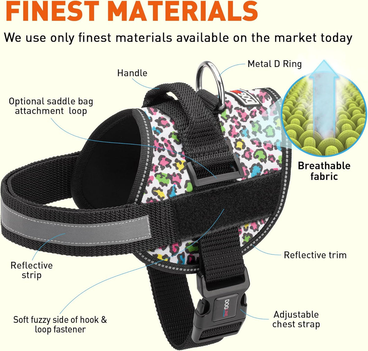 Dogline Dog Harness, Reflective No-Pull Adjustable Vest with Handle for Walking, Training, Breathable, No - Choke Harness for Small, Medium or Large Dogs Room for Patches Leopard Rainbow L 27"-34"