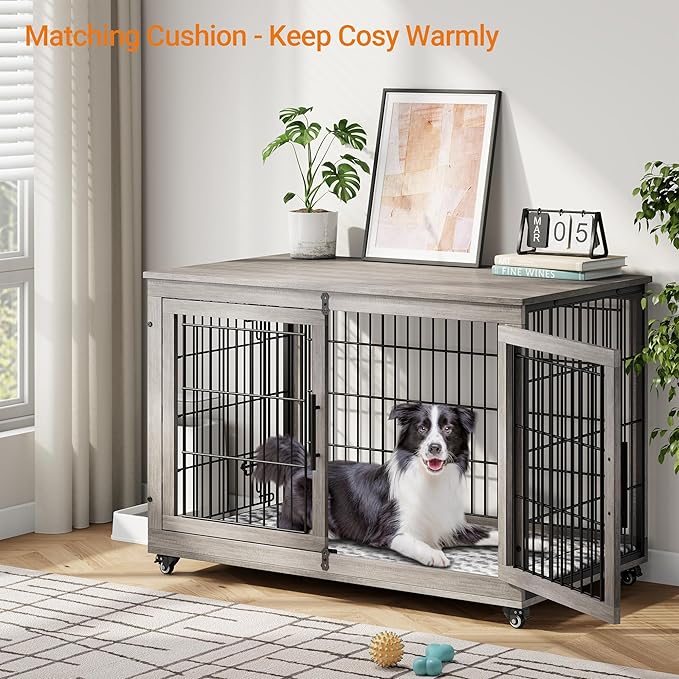 Lulive Dog Crate Furniture, XL Wooden Dog Kennel Indoor Double Doors Dog Cage, 44'' Heavy Duty Dog Crate with Cushion & Wheels, Decorative End Table Chew-Resistant for Extra Large/Medium, Grey