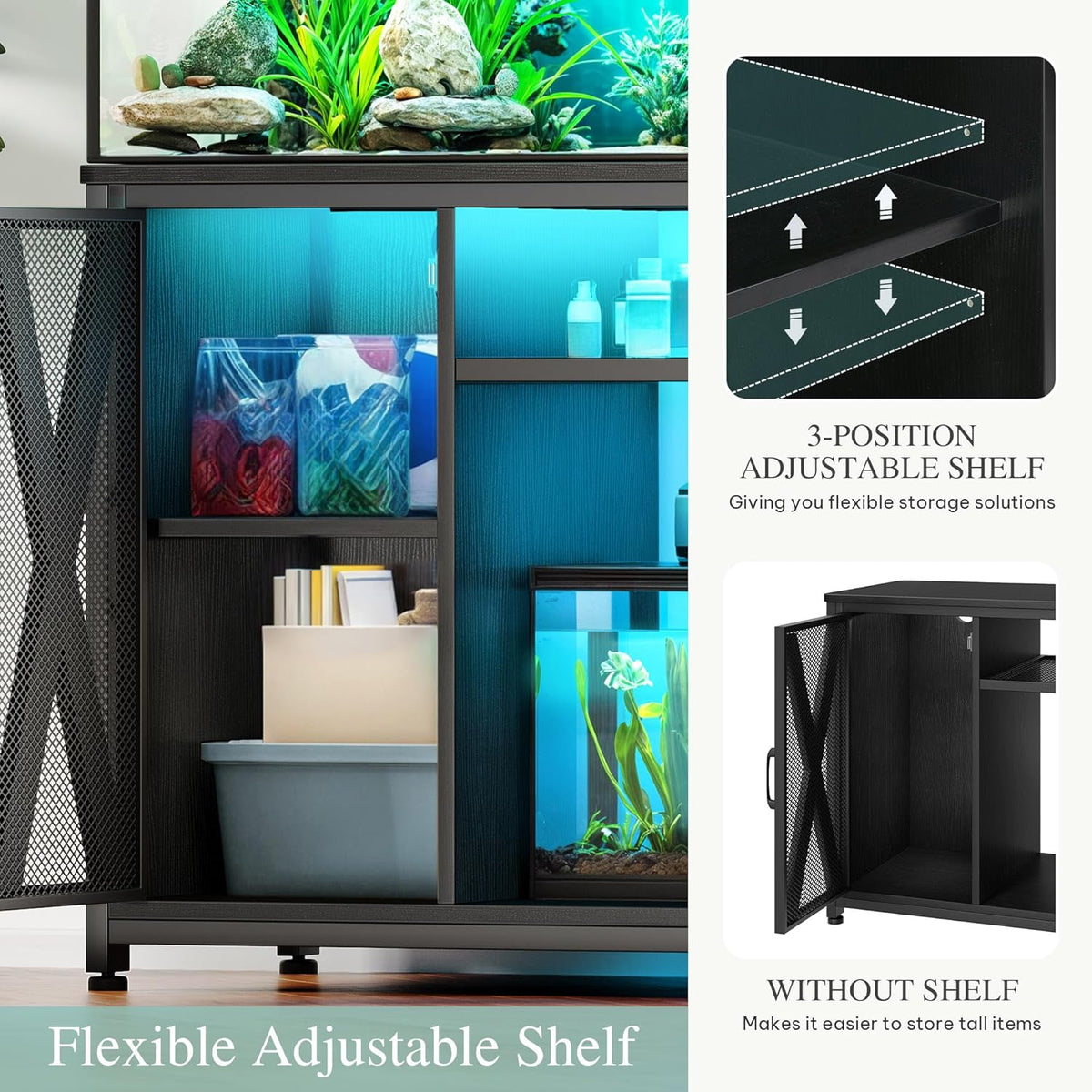 YITAHOME Fish Tank Stand with Power Outlets & LED Light, 40-50 Gallon Metal Aquarium Stand with Cabinet for Fish Tank Accessories Storage for Turtle Tank, Reptile Terrarium, 660LBS Capacity, Black