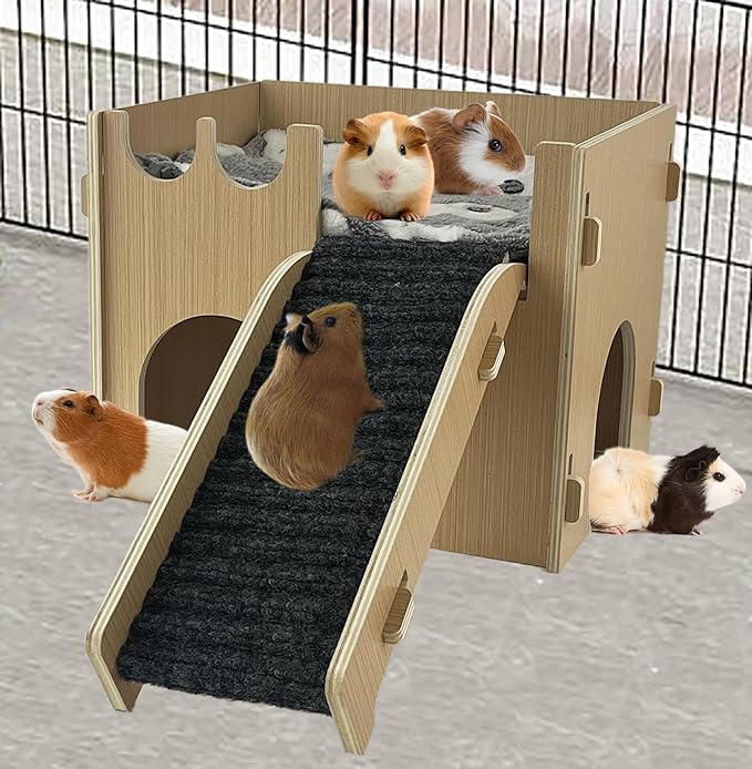 Guinea Pig Castle Hideout, Wooden Hamster House with Stairs & Mat,Small Animal House Hut Habitats 2 Doors for Hamsters Chinchillas Bunny Hiding Playing Sleeping