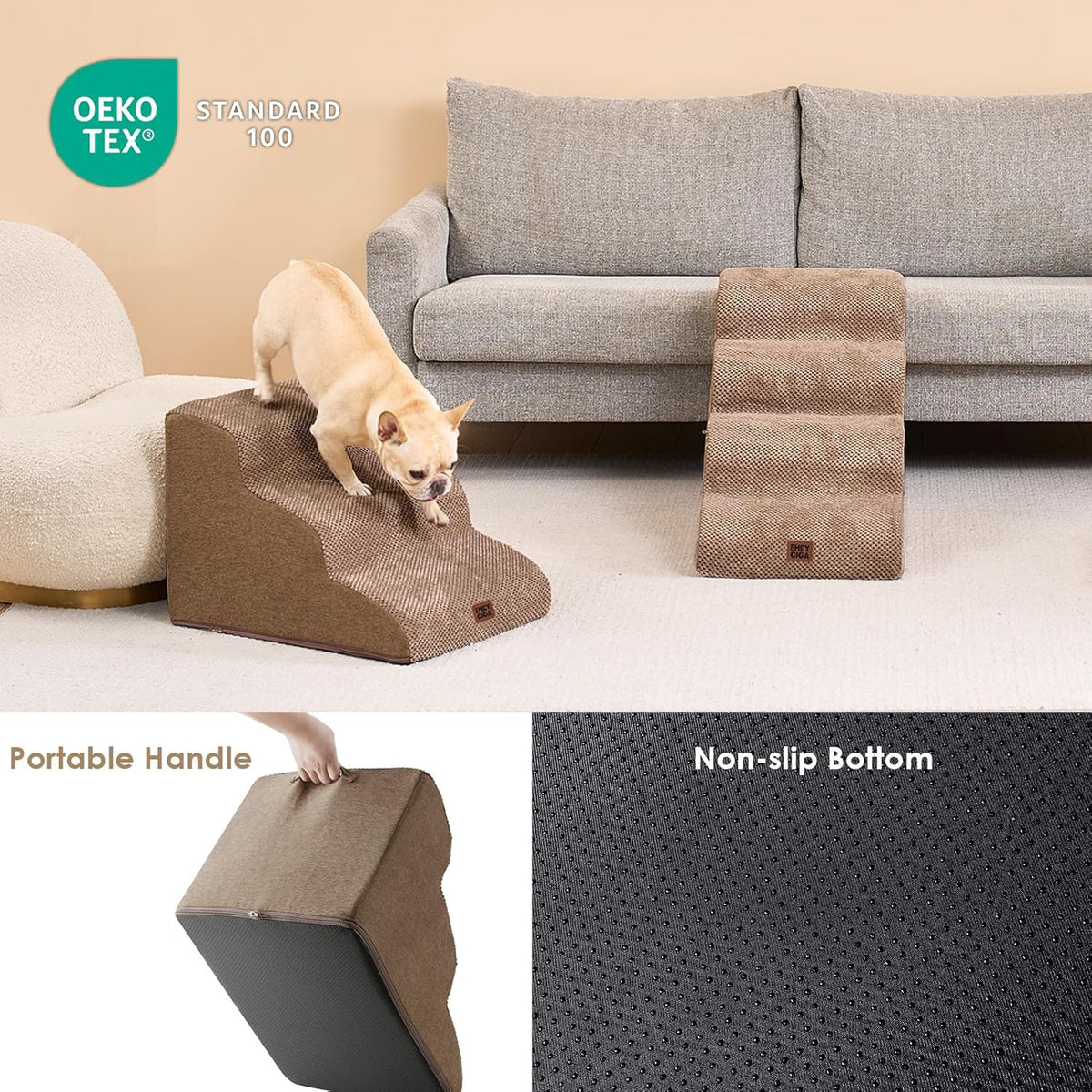 EHEYCIGA Curved Dog Stairs Ramp for Small Dogs 15.7" H, 3-Step Dog Steps for Couch Sofa and Chair, Pet Stairs for Cats, Non-Slip Balanced Pet Steps Indoor, Camel
