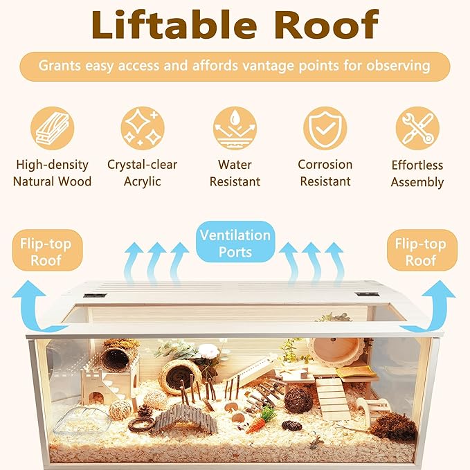 Prolee Hamster Cage Wooden Chew Proof, Extra Large Mice and Rat Habitat Openable Top with Acrylic Sheets Solid Built Small Animal Cage with Leg Stands, 48 Inch Long