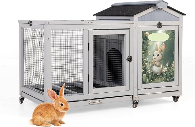 COZIWOW 39inches Assembled Wood Rabbit Hutch Indoor，Wide Space Small Animal Houses with Removable Tray&Safety Lock，Bunny Cage with Waterproof Roof&Solar Panels (Grey with Pattern)