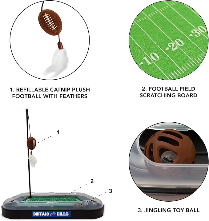 Pets First NFL Buffalo Bills Football Field CAT Scratcher Toy with Catnip Filled Plush Football Toy & Feather Cat Toy Hanging, with Jingle Bell Interactive Ball Cat Chasing 5-in-1 Kitty Toy