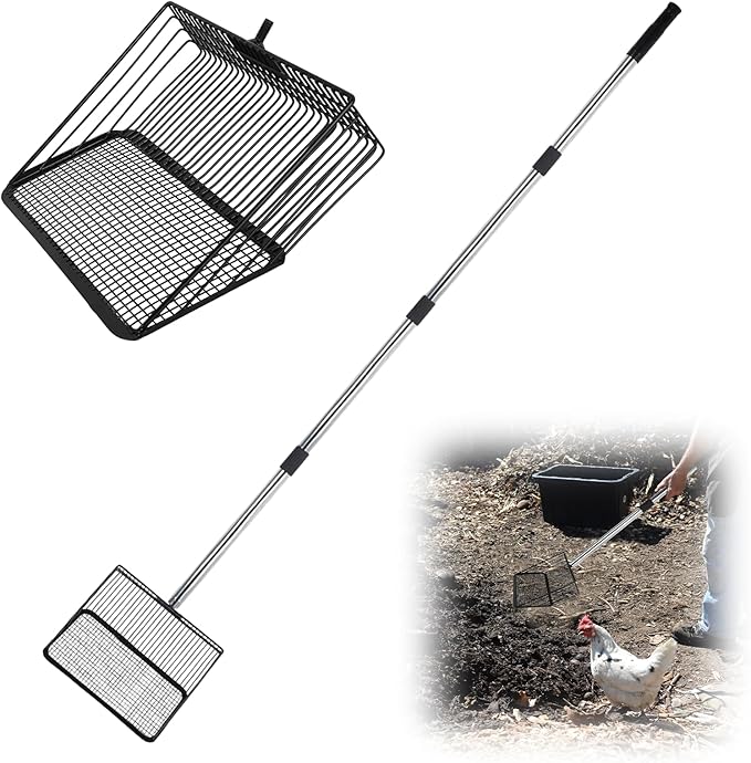 Chicken Poop Scooper for Sand 10 Inch, Chicken Coop Scoop Large Metal with Adjustable Handle, Multifunctional Coop Scoop Rake Set Sifting Shovel, Heavy Duty Pooper Shovel Tool Accessories