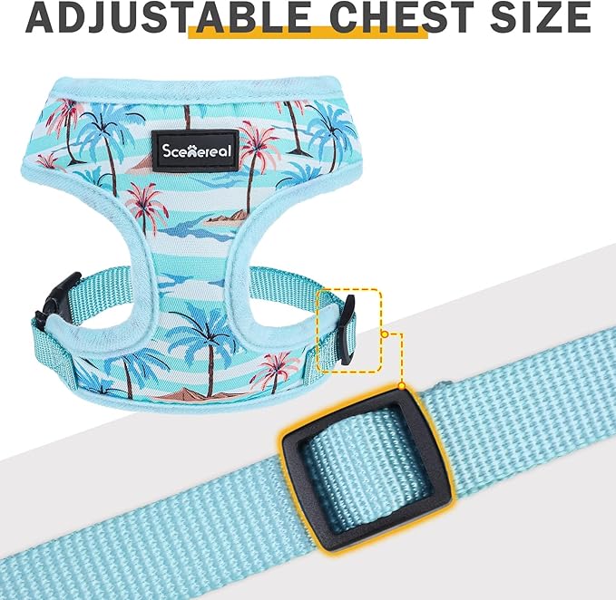 SCENEREAL Small Dog Harness and Leash Collar Set - No Pull Dog Harness for Small & Medium Sized Dogs - Soft Mesh Vest for Puppies, Chihuahua, Yorkie, Spring Summer Hiking Walking, Coconut Tree S