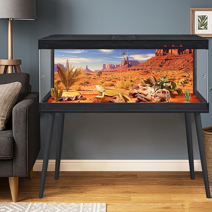 Royxen Tempered Glass Bearded Dragon Tank,81 Gallon Reptile Tank with Leg Stand,Built-in Lighting Reptile Enclosure Scartch-Proof Bearded Dragon Encloure for Chameleon,Lizard(Black,48"x 20"x 20")