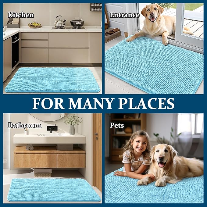 OLANLY Dog Door Mat for Muddy Paws 47x24, Absorbs Moisture and Dirt, Absorbent Non-Slip Washable Doormat, Quick Dry Chenille Mud Mat for Dogs, Entry Indoor Entryway Carpet for Inside Floor, Blue