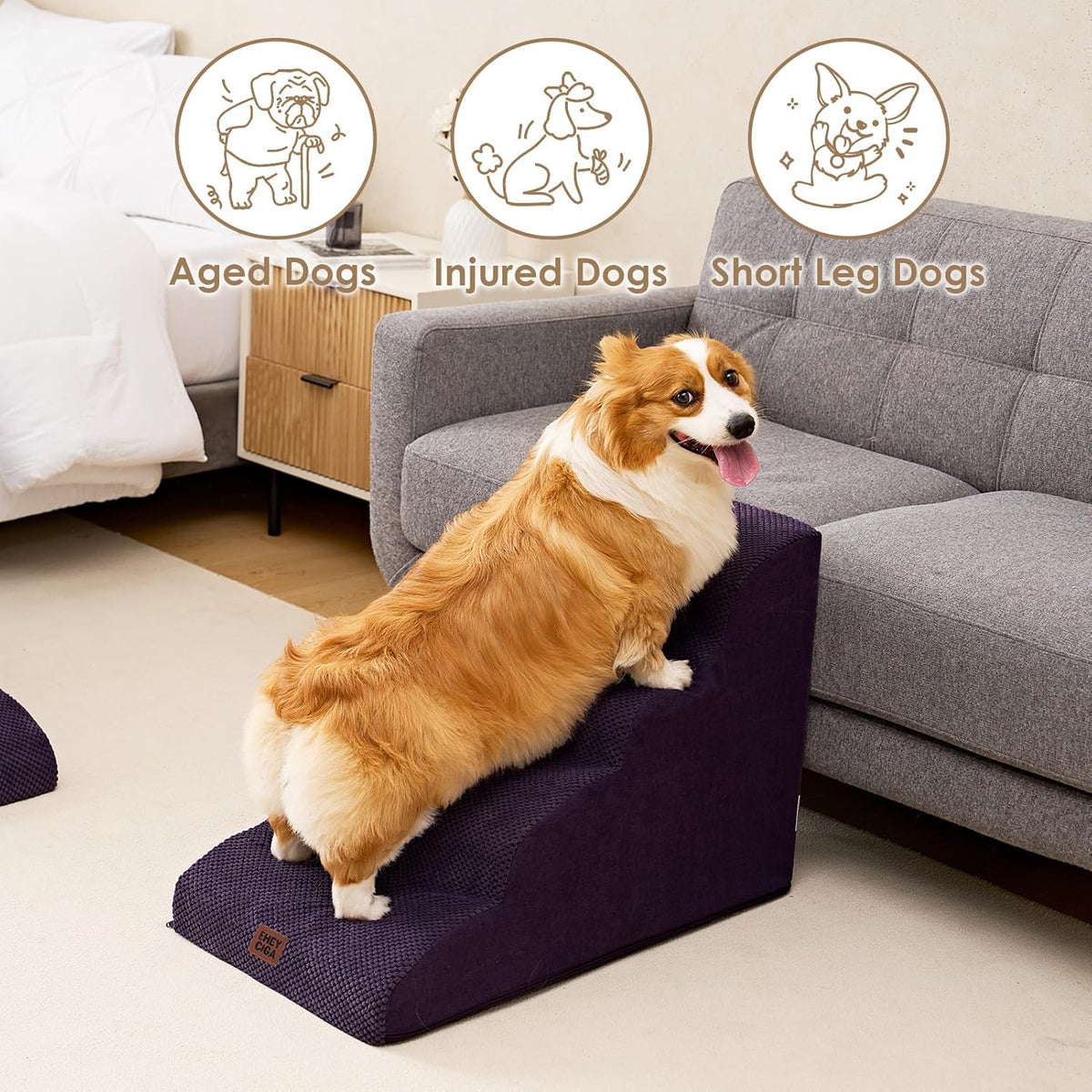 EHEYCIGA Curved Dog Stairs Ramp for High Beds 19.7" H, 4-Step Dog Steps for Small Dogs and Cats, Pet Stairs for High Bed Climbing, Non-Slip Balanced Pet Step Indoor, Purple