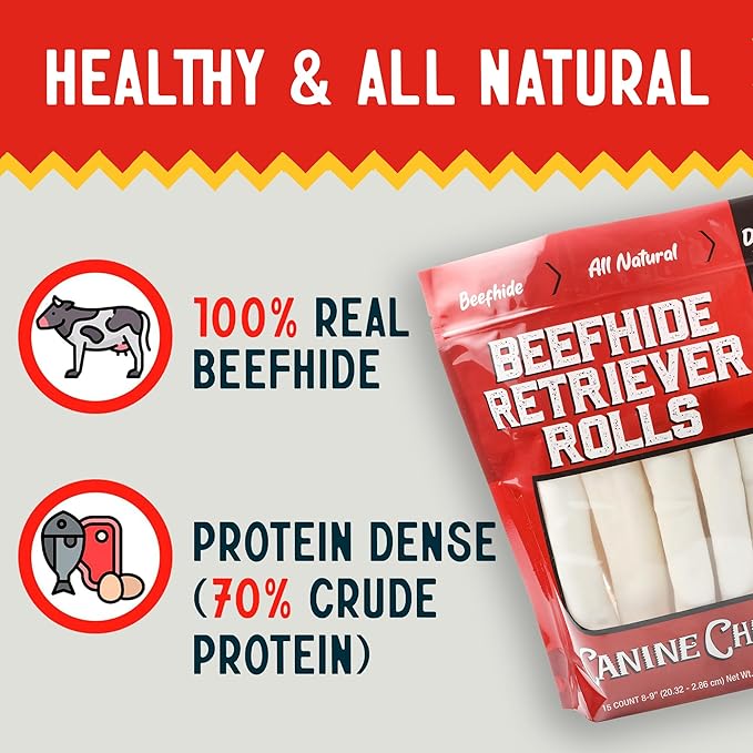 Canine Chews 8-9" Retriever Rolls for Large Dogs - Pack of 15 All-Natural Beef Hide Dog Chews for Aggressive Chewers - 3.7 lb.