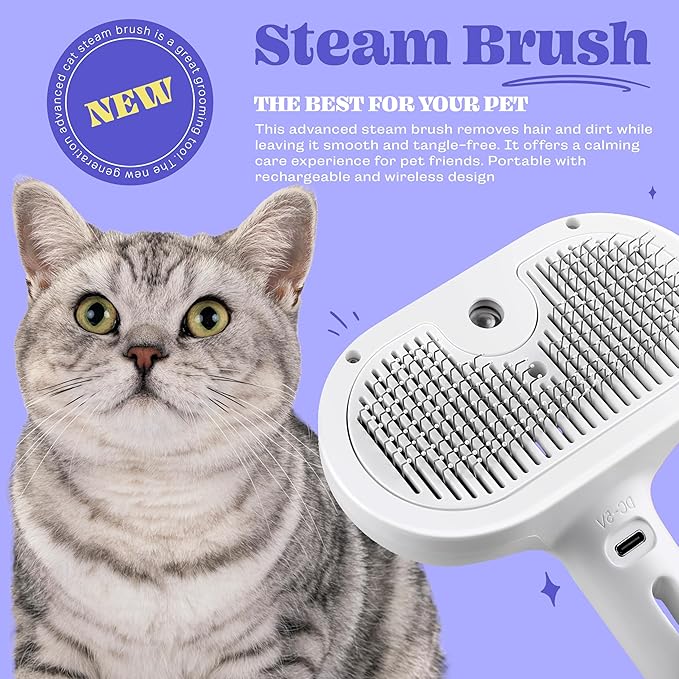 Rechargeable Silicone 3 in 1 Pet Hair Removal Tool - Self Cleaning Steamy Brush for Massage, Shedding & Grooming - Cat & Dog Hair Remover
