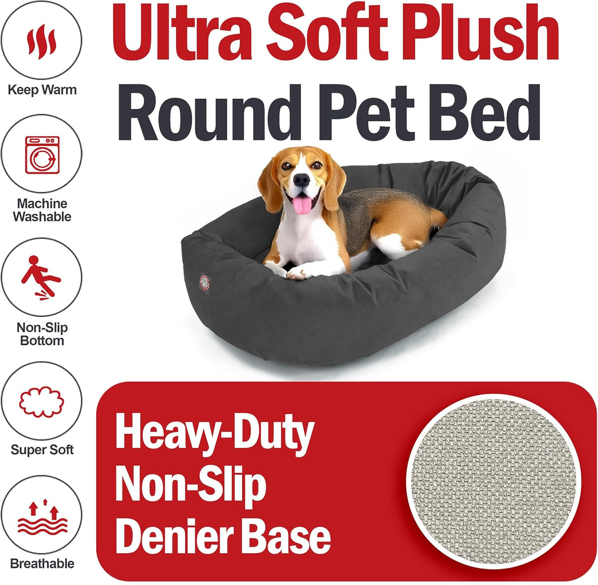 Majestic Pet 32 Inch Suede Calming Dog Bed Washable 32x23x7 (Inch) – Cozy Soft Round Donut Dog Bed with Spine Support for Dogs to Rest Their Head - Pet Bed Medium – Gray (2025)