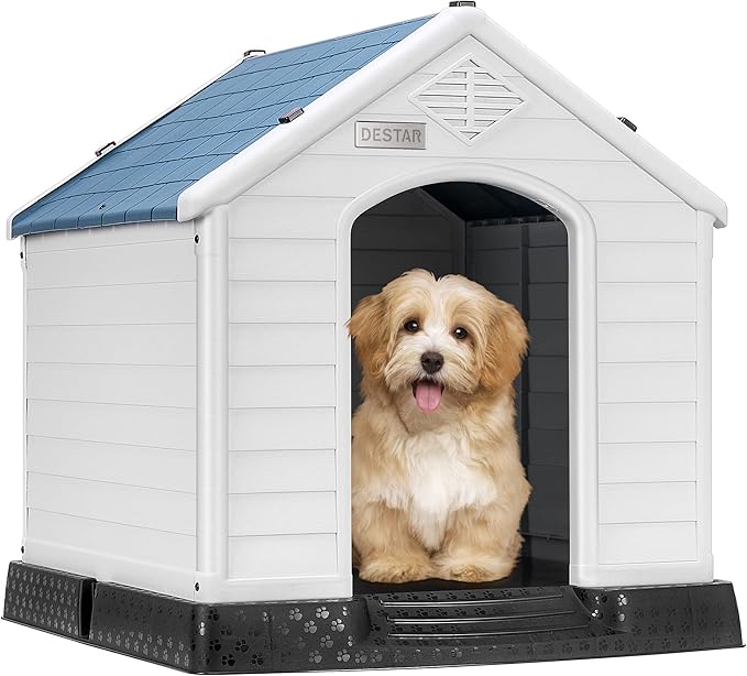 DEStar Durable Waterproof Plastic Pet Dog House Indoor Outdoor Puppy Shelter Kennel with Air Vents and Elevated Floor (Large - 33" Height)