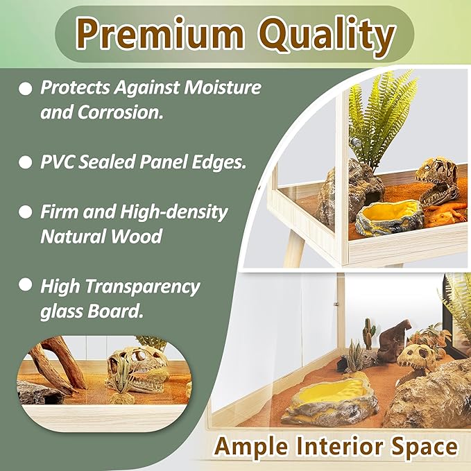 PROLEE Tempered Glass Reptile Enclosure with Leg,32“ Scratch-Proof Bearded Dragon Tank,32 Gallon Lizard Tank with Metal Mesh Tops and Lockable Door,Spacious Reptile Habitat for Snake,Lizard (Oak)