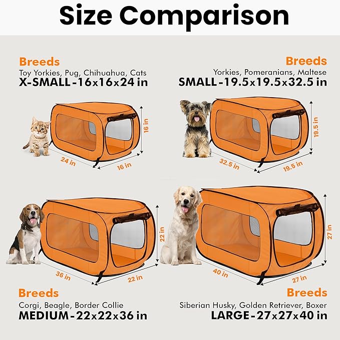 Beatrice Home Fashions Portable, Collapsible, Pop Up Kennel Travel Cat and Dog Crate, 32.5" L x 19.5" W x 19.5" H, Orange