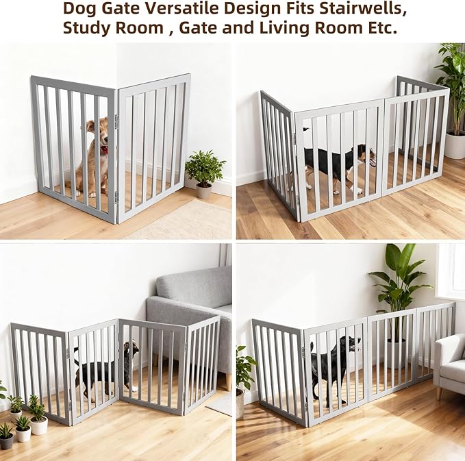 ZJSF Freestanding Indoor Dog Gate for House Foldable Wood Grey Puppy Gate for Doorways Pet Gate for Stairs Extra Wide Pet Fence 24" Height 2 Panels