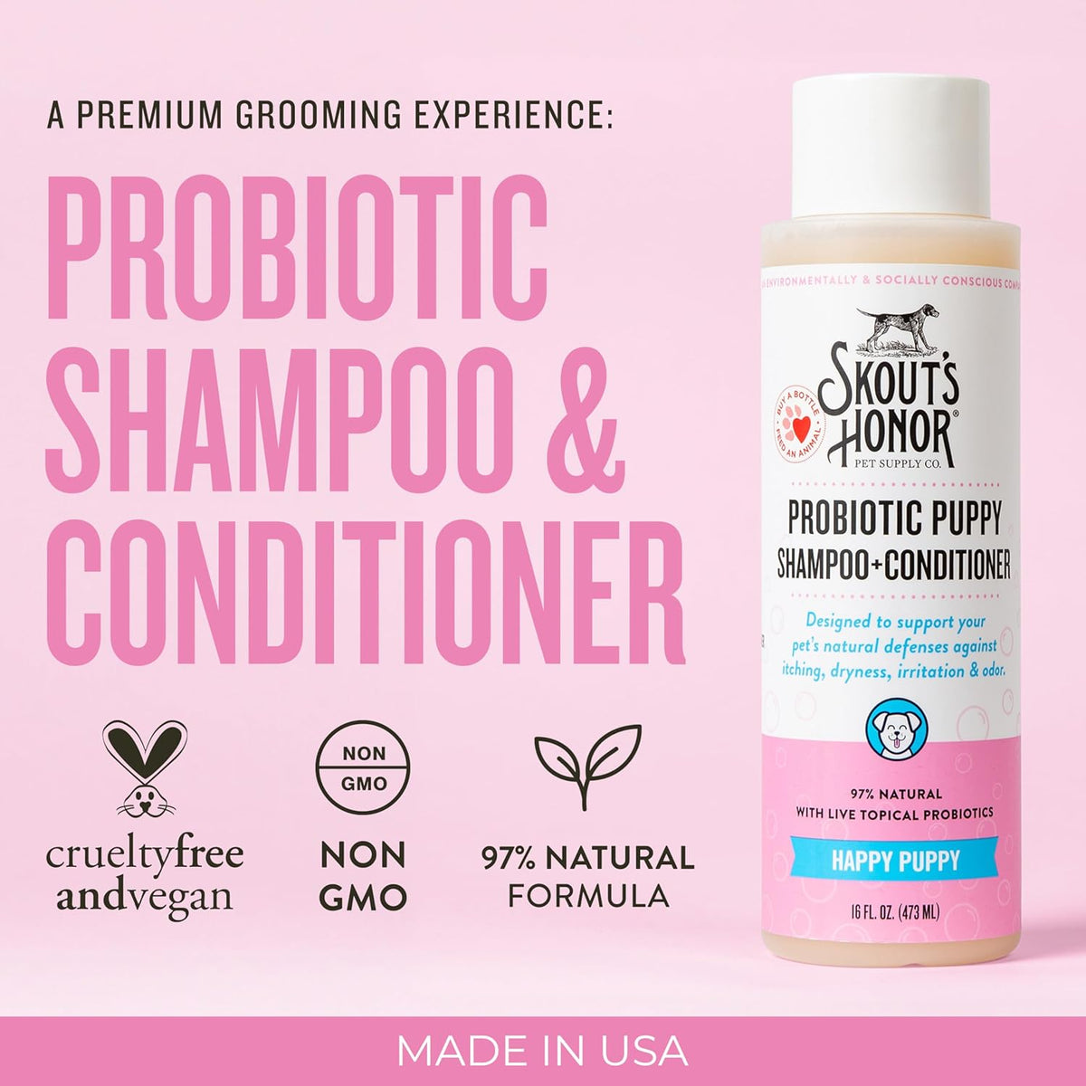 Skout's Honor Probiotic Dog Shampoo & Conditioner with Avocado Oil & Omega-3s, 97% Natural, Paraben & Sulfate-Free, Cruelty-Free, 16oz, Happy Puppy
