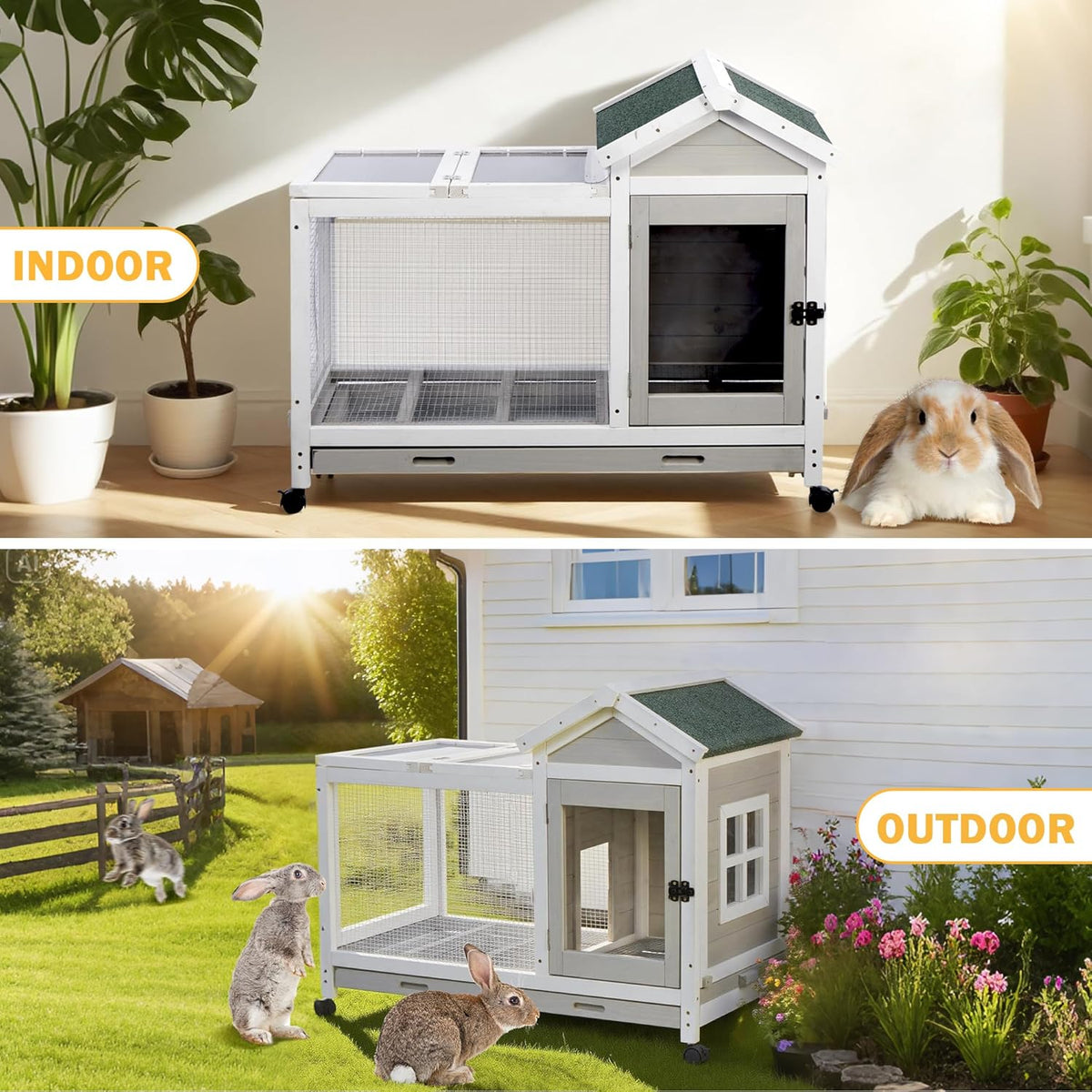 Wooden Rabbit Hutch with Waterproof Roof,Outdoor/Indoor Bunny Cage with Removable Slide-Out Bottom Tray, Chewproof Rabbit cage for Small-Medium Animals (Guinea Pigs, Hedgehogs)
