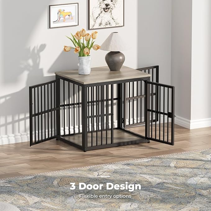 Lyromix 27'' Dog Crate Furniture with 3 Doors,Wooden Crate End Table Heavy Duty Indoor Puppy Cage for Small Dogs, Multiple Units Can be Combined, Grey