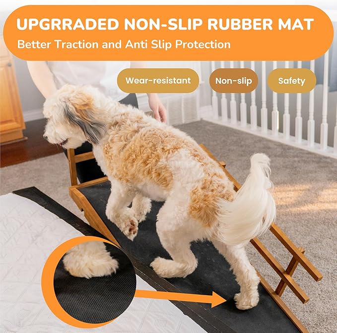 Dog Ramp for Bed, 5 Level Adjustable Dog Ramp for High Beds, Upgrade Rubber Mat High Traction Ramp with Safety Rails, Folding Pet Ramp for Bed, Couch,SUV, Natural Wood Pet Ramp for Small & Old Dogs