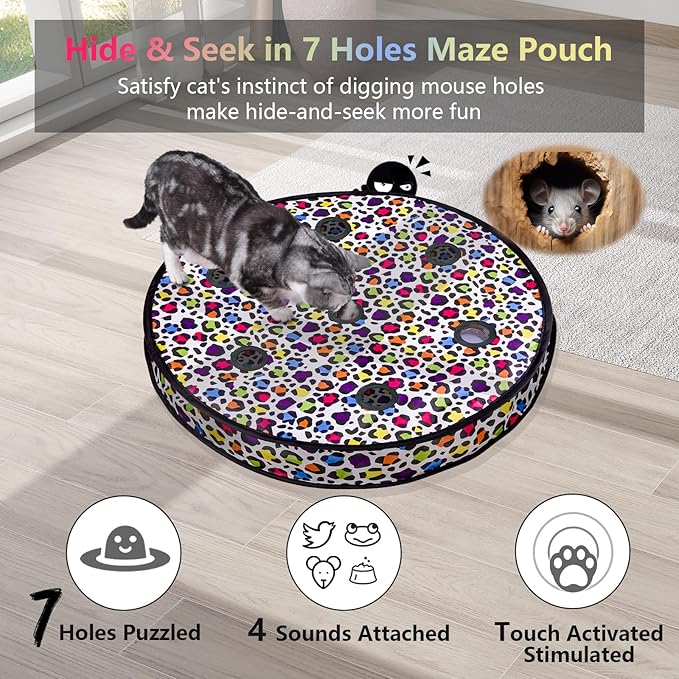 ORSDA Cat Toys, Interactive Activated Moving Ball in 7 Holes Mat, Automatic Fast Rolling Ball, Hide and Seek Toys for Indoor Cats, Exercise Kicker Mouse Catching Game